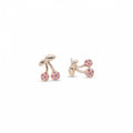 Double cherry stud earrings with pavé rose crystals on white background — 18K gold, 925 silver, front and back view
