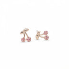 Double cherry stud earrings with pavé rose crystals on white background — 18K gold, 925 silver, front and back view