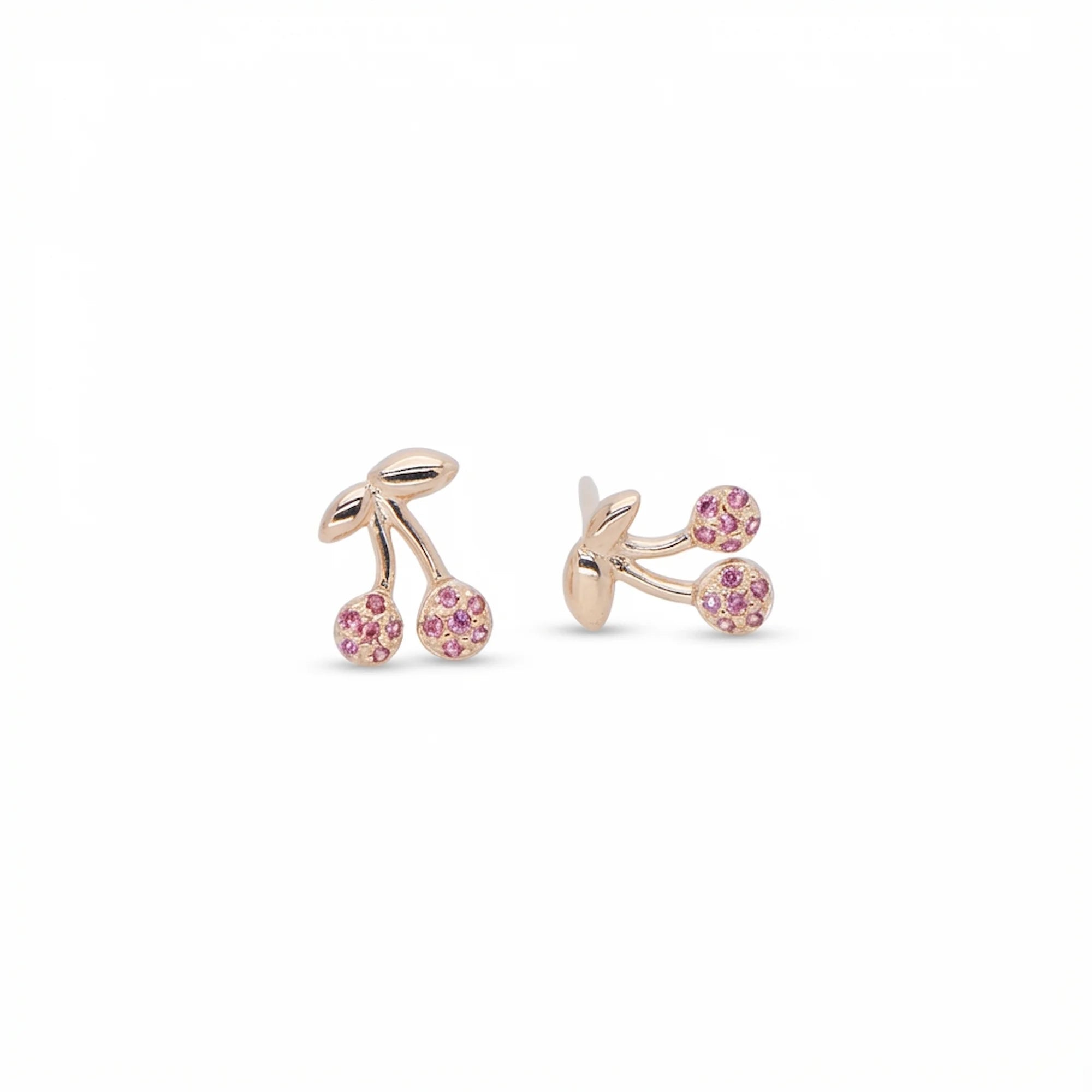Double cherry stud earrings with pavé rose crystals on white background — 18K gold, 925 silver, front and back view