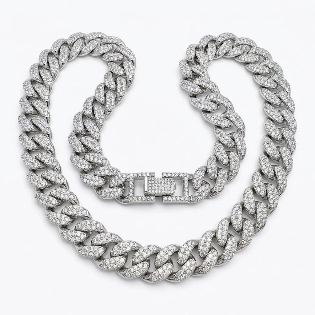 Chunky rhodium-plated copper pave Cuban necklace featuring cubic zirconia, available in Dubai.