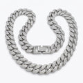 Chunky rhodium-plated copper pave Cuban necklace featuring cubic zirconia, available in Dubai.