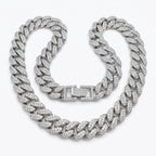 Chunky rhodium-plated copper pave Cuban necklace featuring cubic zirconia, available in Dubai.