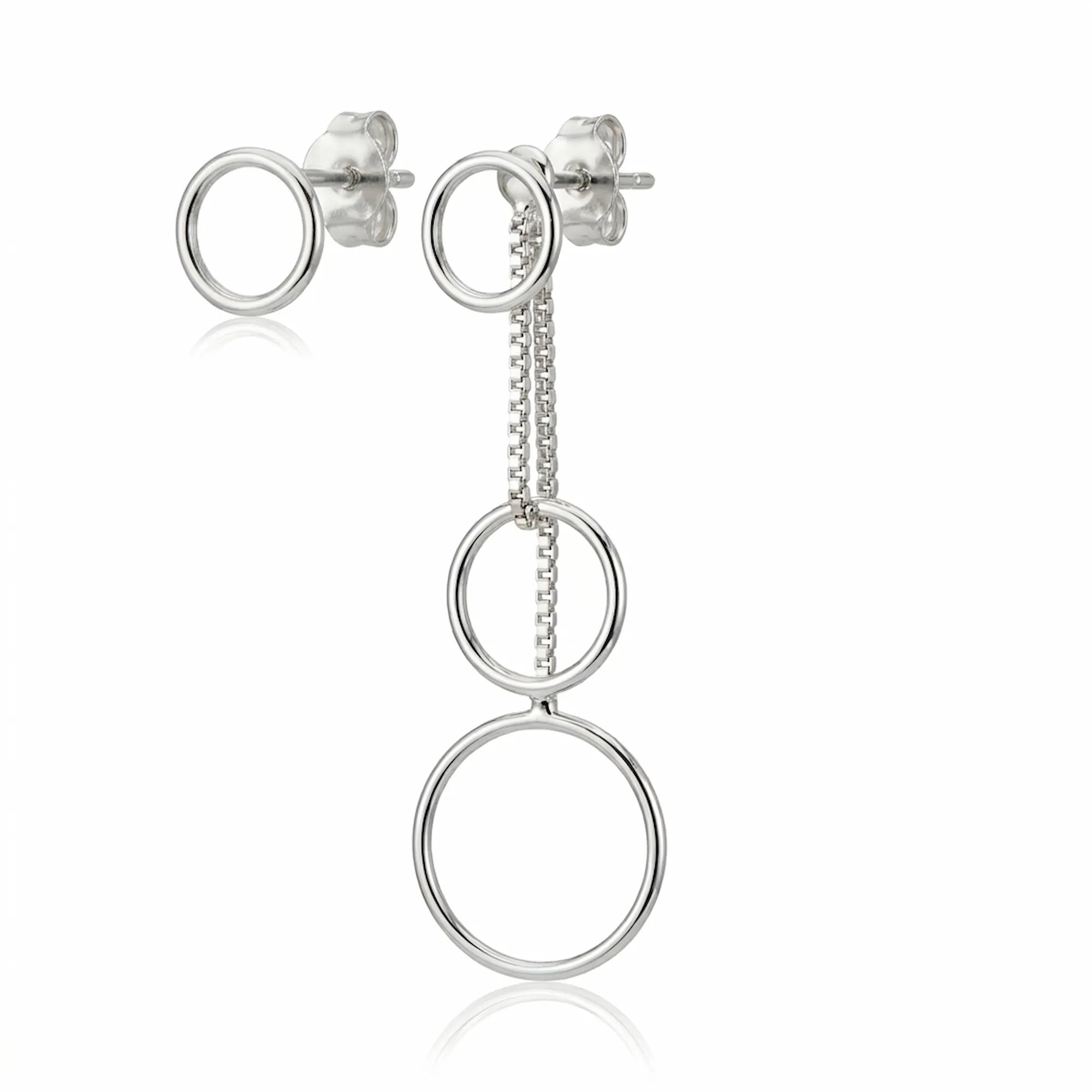 Silver 2-in-1 circle drop earrings with three descending open circles on box chain, isolated on white background
