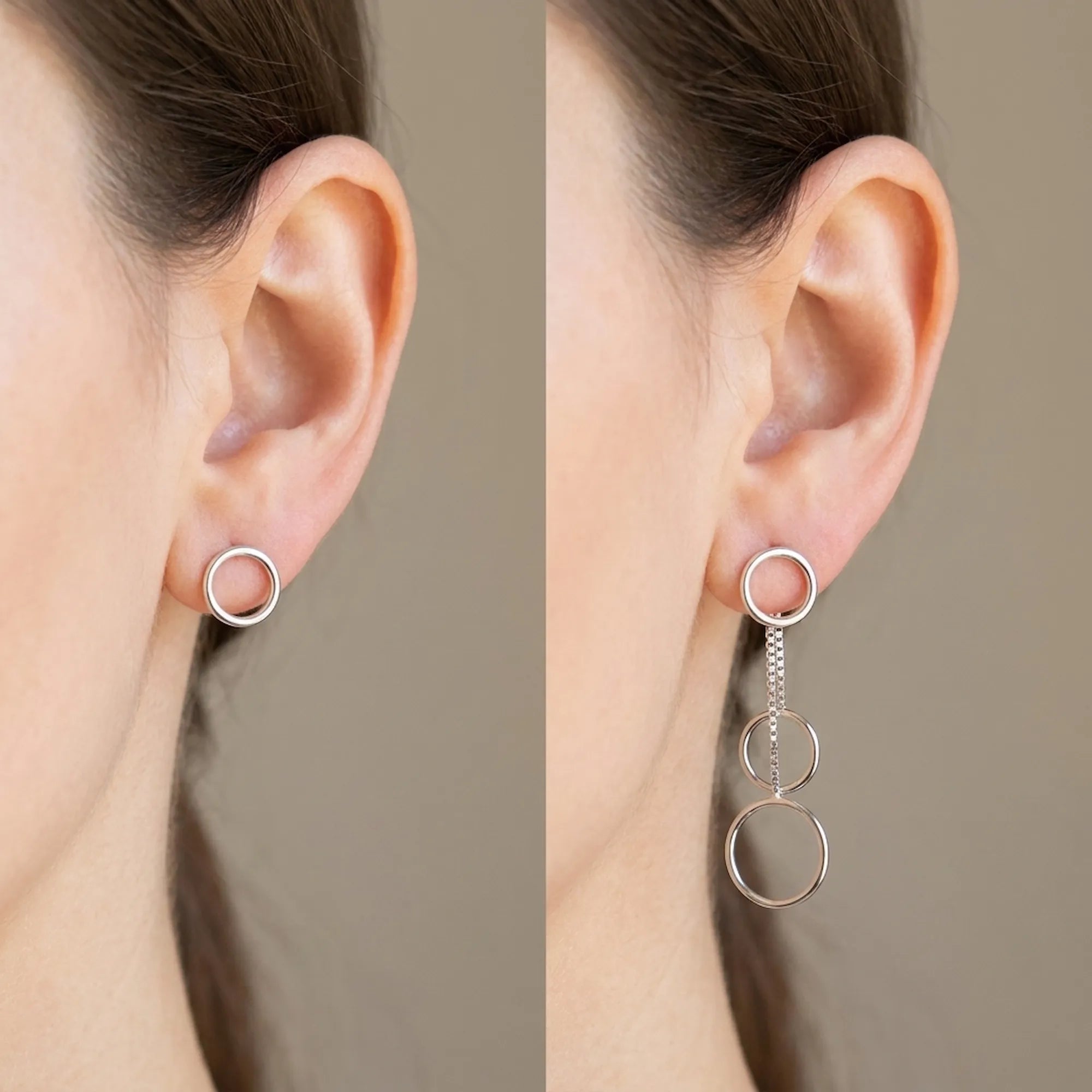 Silver circle drop earrings shown in two configurations: stud-only mode and full cascade drop mode on ear, white background