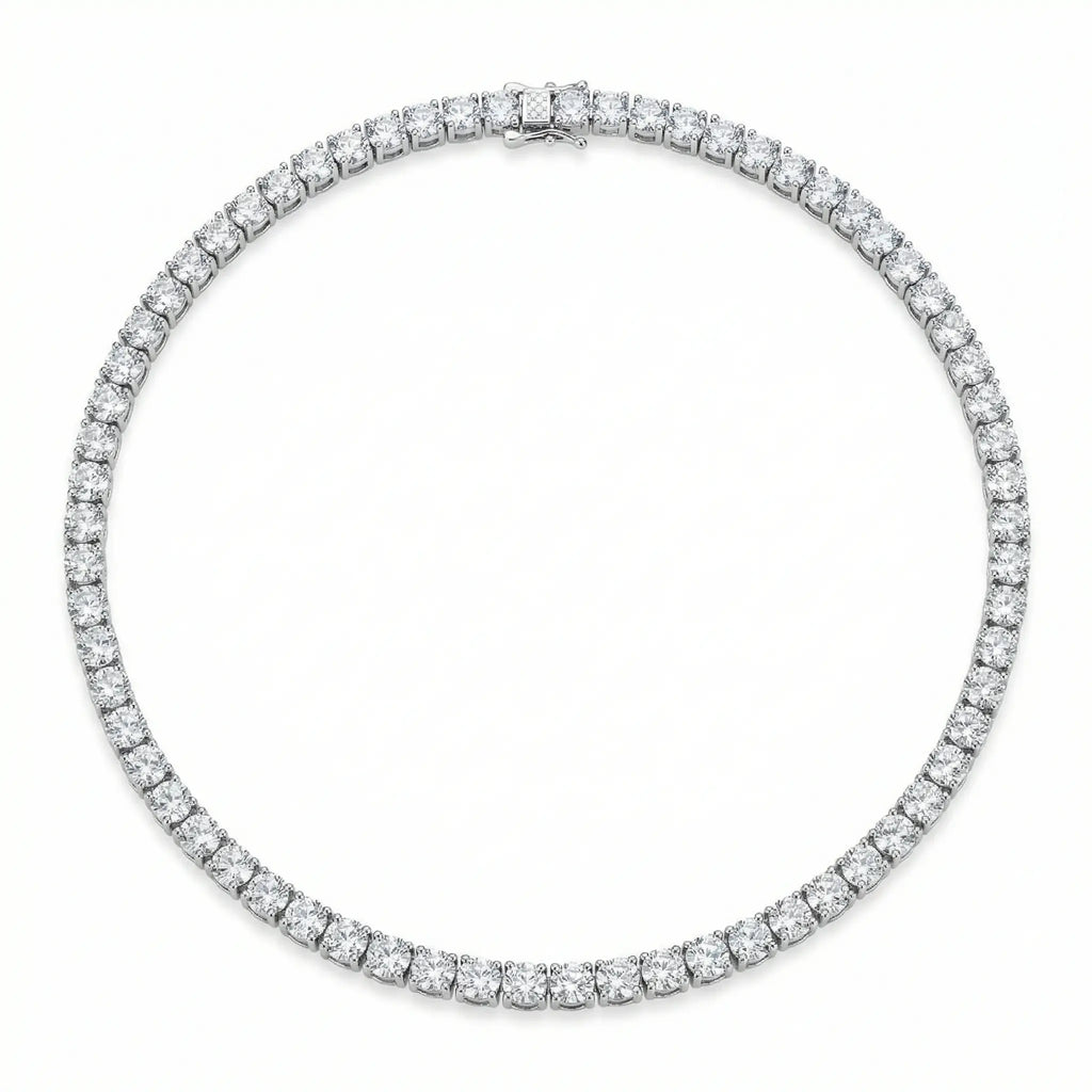 Classic iced choker featuring a row of round-cut white cubic zirconia in a high-polish rhodium-plated setting on white.