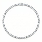 Classic iced choker featuring a row of round-cut white cubic zirconia in a high-polish rhodium-plated setting on white.
