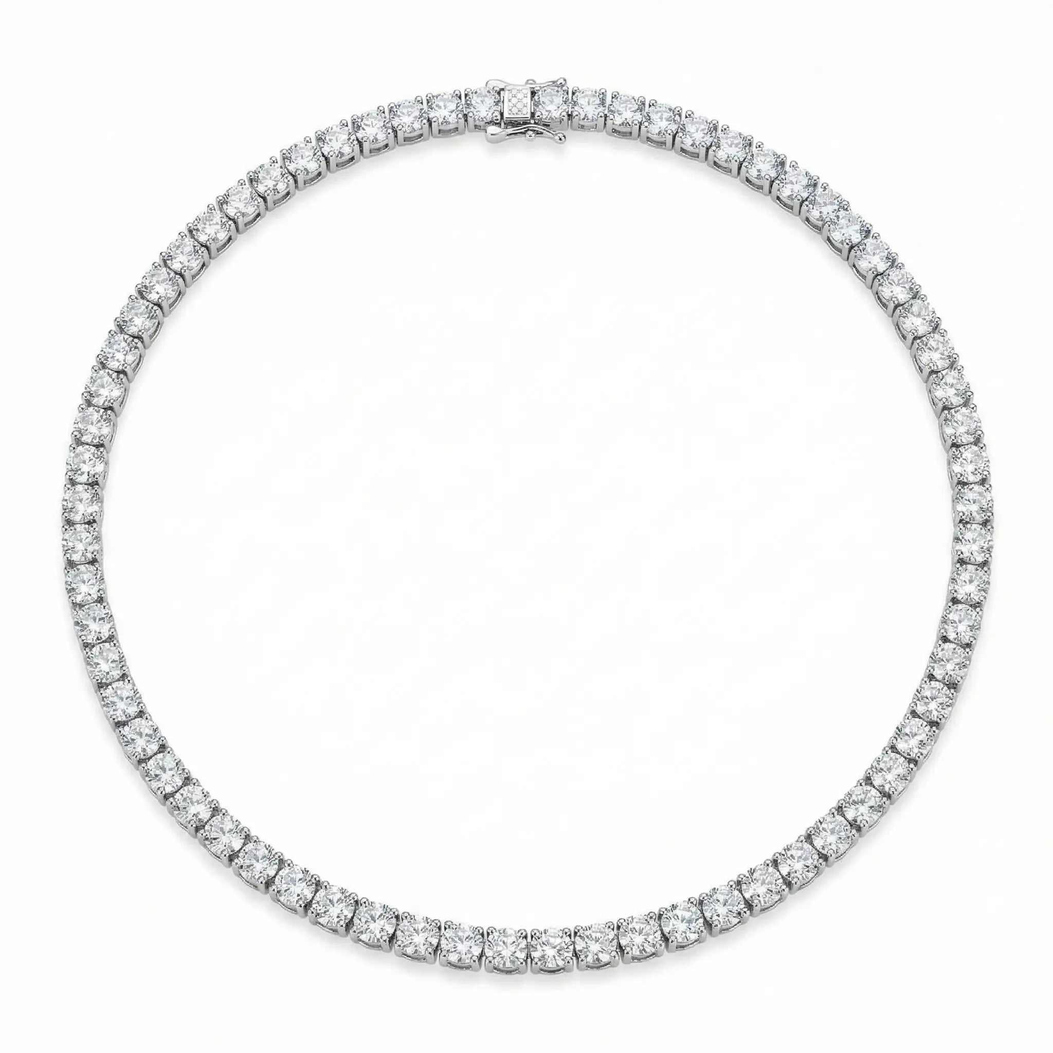 Classic iced choker featuring a row of round-cut white cubic zirconia in a high-polish rhodium-plated setting on white.