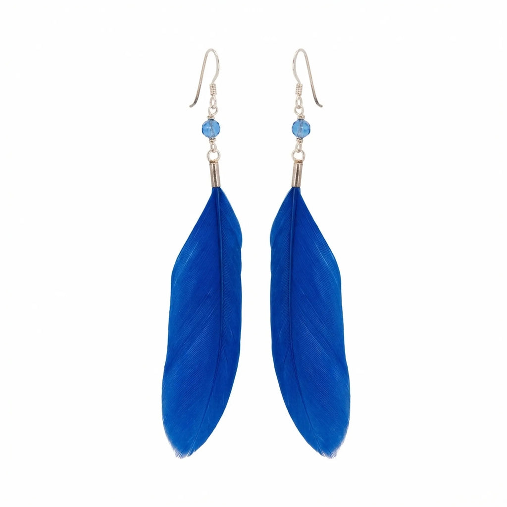 Cobalt blue natural feather earrings on white background — 925 sterling silver shepherd hook and blue crystal bead, full plume visible