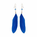 Cobalt blue natural feather earrings on white background — 925 sterling silver shepherd hook and blue crystal bead, full plume visible