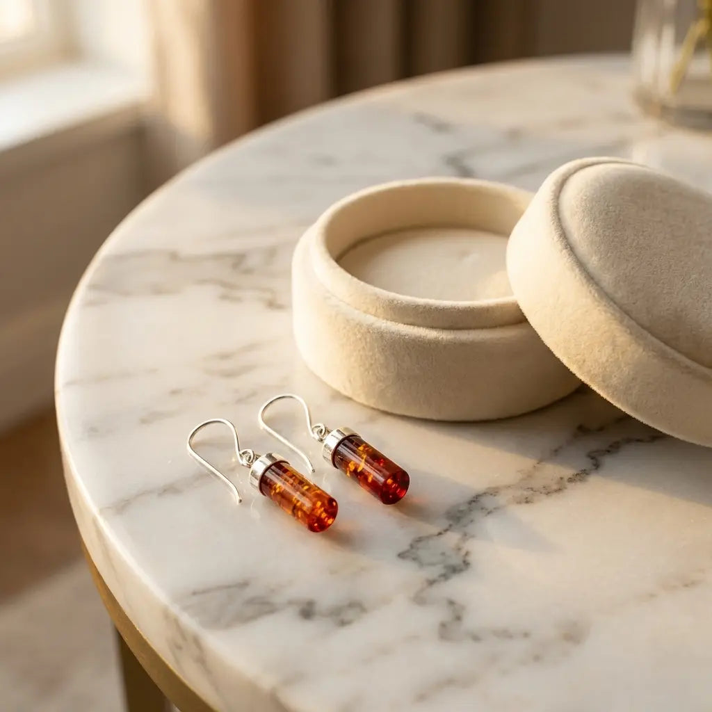 Pair of cognac amber drop earrings resting on a marble surface next to a cream velvet jewelry box for gift inspiration