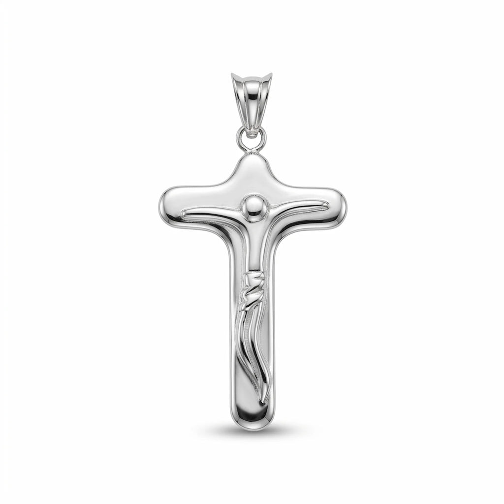 Designer 925 sterling silver crucifix pendant with rounded puffy profile and mirror polish on white background.