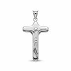 Designer 925 sterling silver crucifix pendant with rounded puffy profile and mirror polish on white background.