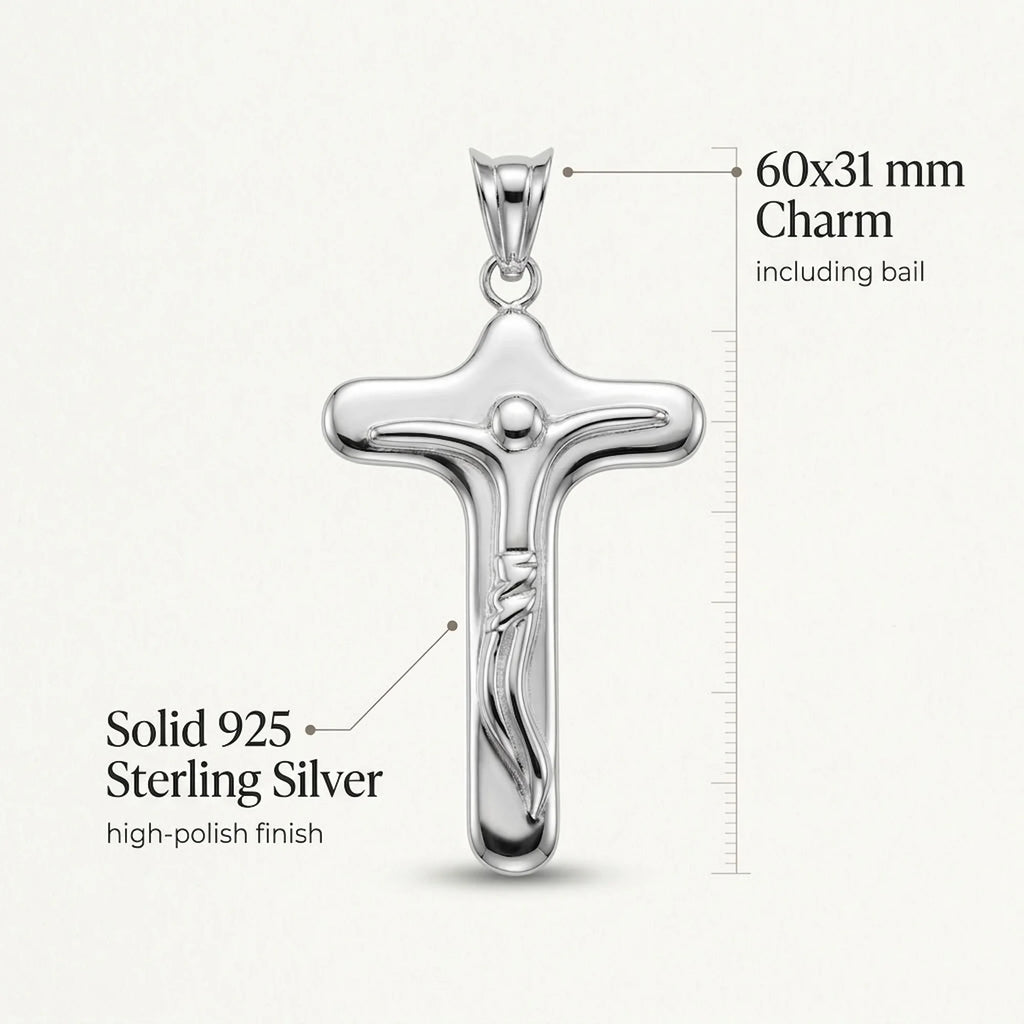 925 sterling silver crucifix pendant infographic showing 60 × 31 mm size and 7.50 mm profile