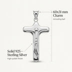 925 sterling silver crucifix pendant infographic showing 60 × 31 mm size and 7.50 mm profile