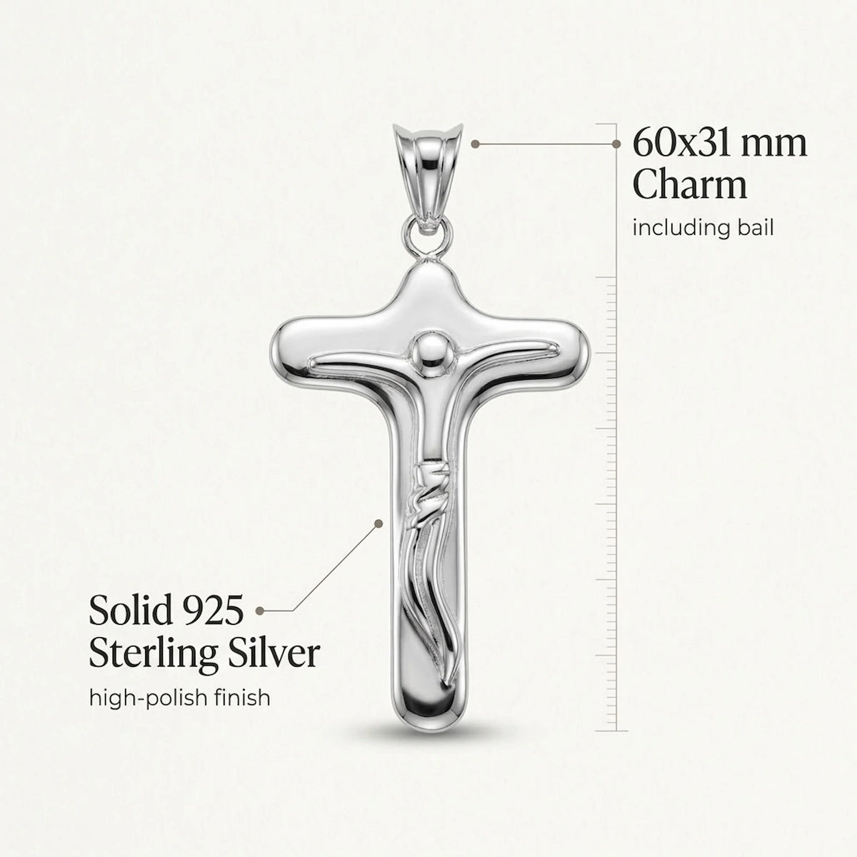 925 sterling silver crucifix pendant infographic showing 60 × 31 mm size and 7.50 mm profile