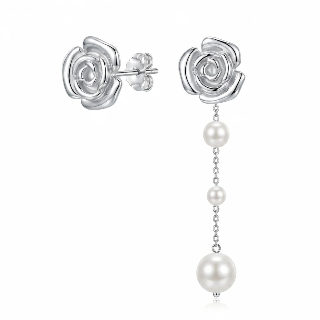 925 silver rose stud earrings with detachable 80mm faux pearl chain drops photographed at our Dubai studio.