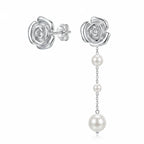 925 silver rose stud earrings with detachable 80mm faux pearl chain drops photographed at our Dubai studio.