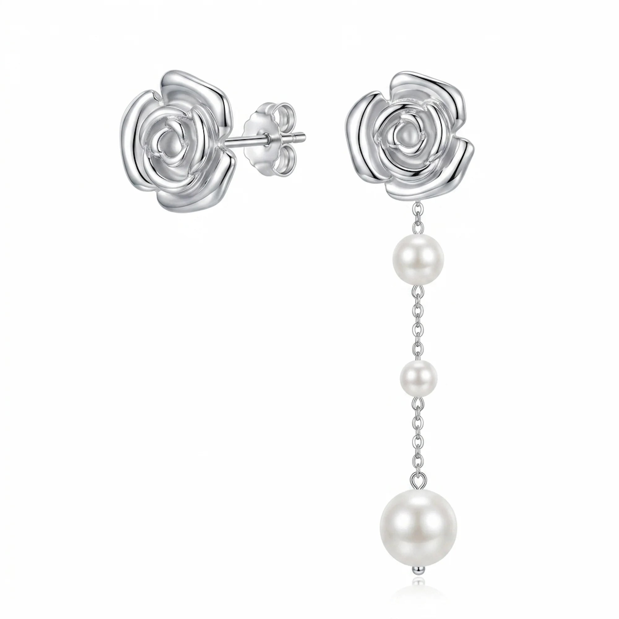 925 silver rose stud earrings with detachable 80mm faux pearl chain drops photographed at our Dubai studio.
