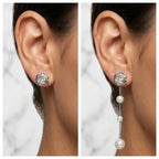 Side by side view of convertible 925 silver rose studs and 80mm faux pearl drop earrings in Dubai.