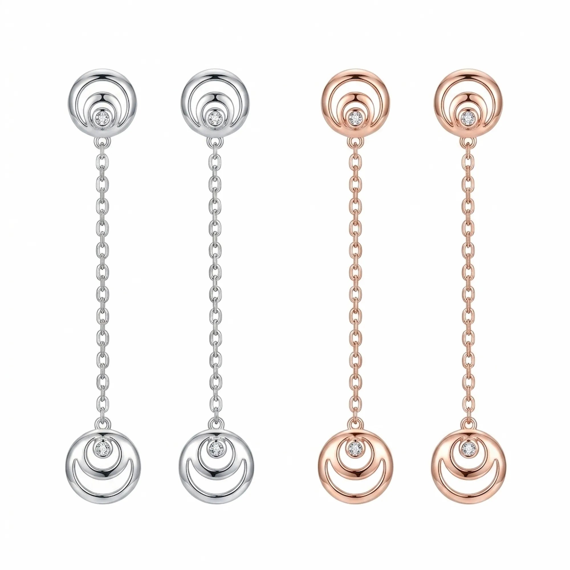 Crescent moon hilal drop earrings in rhodium silver and rose gold on white background — 925 sterling silver, 50mm chain, CZ