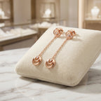 Rose gold crescent moon drop earrings on cream velvet jewelry stand — 925 sterling silver, editorial display