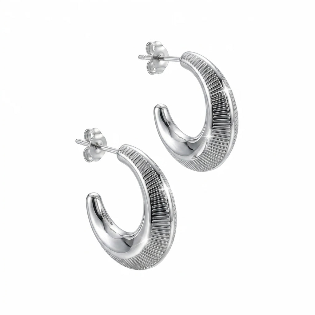 Ribbed 925 sterling silver crescent moon hoop earrings with rhodium plating available in Dubai.