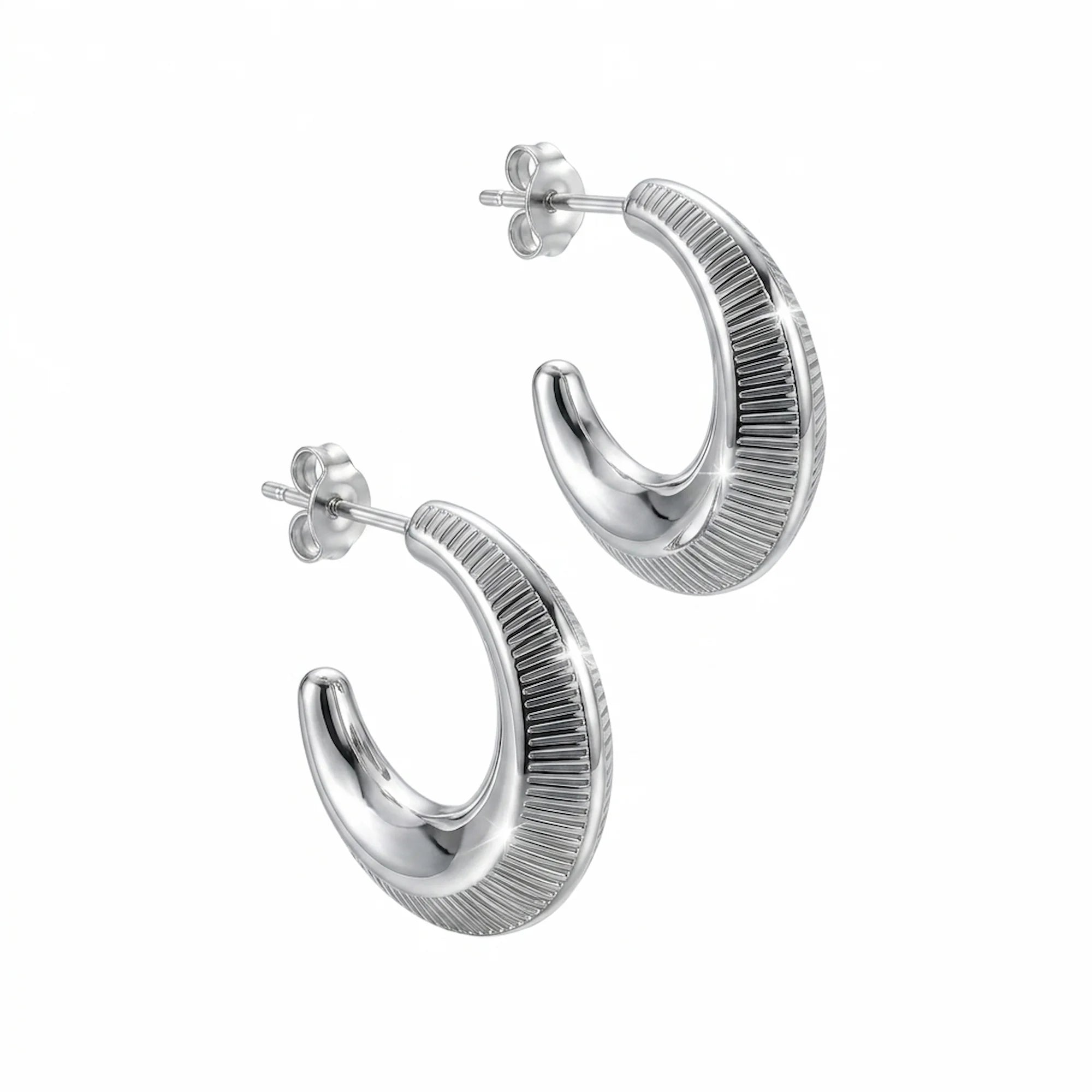 Ribbed 925 sterling silver crescent moon hoop earrings with rhodium plating available in Dubai.