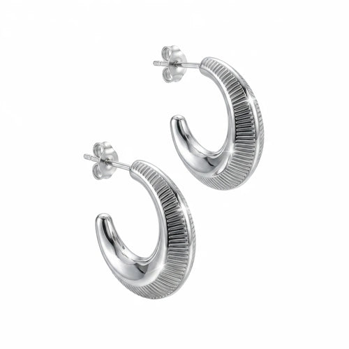 Ribbed 925 sterling silver crescent moon hoop earrings with rhodium plating available in Dubai.