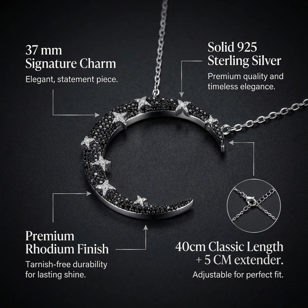 Crescent moon necklace infographic — 37mm pendant, rhodium finish, 40+5cm chain, black and white zircon pavé specs
