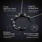 Crescent moon necklace infographic — 37mm pendant, rhodium finish, 40+5cm chain, black and white zircon pavé specs