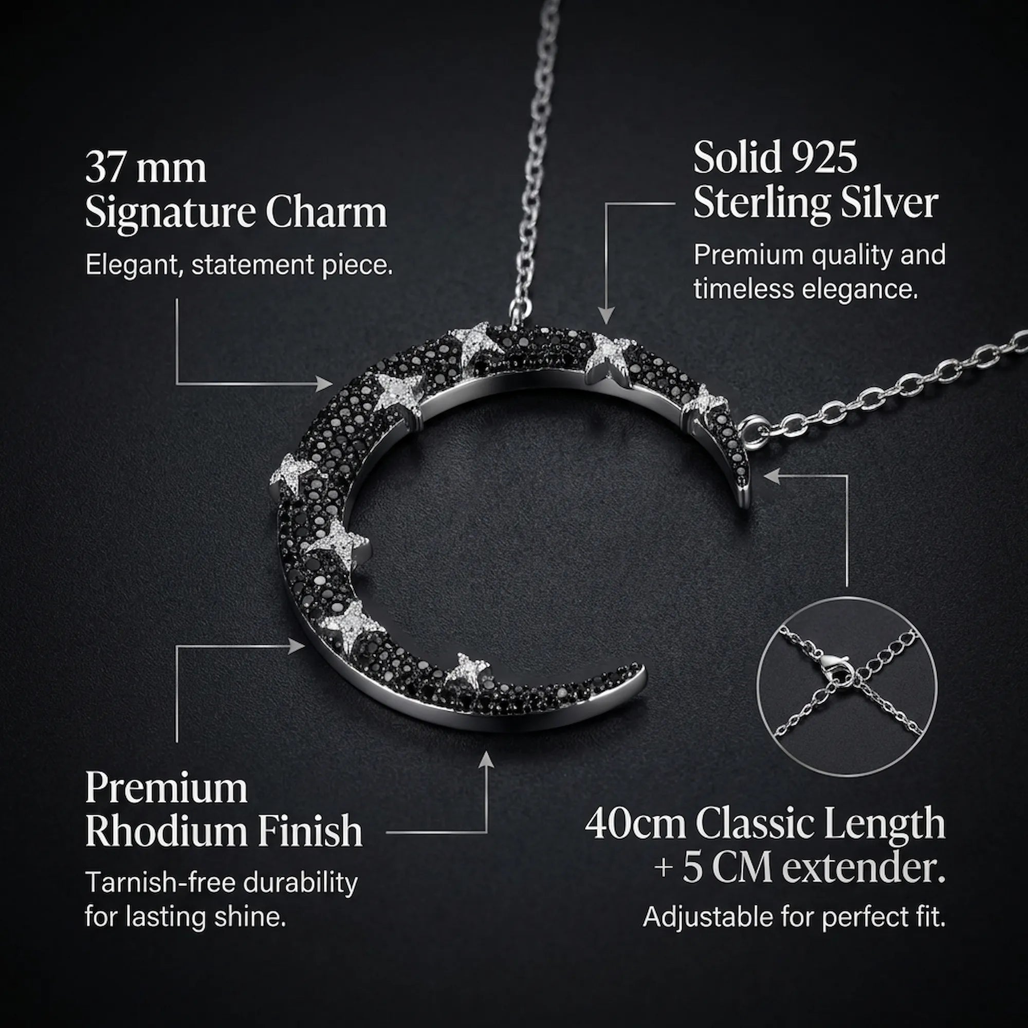 Crescent moon necklace infographic — 37mm pendant, rhodium finish, 40+5cm chain, black and white zircon pavé specs