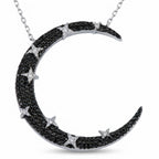 Statement crescent moon necklace in 925 silver — black zircon pavé with white star accents on rhodium chain, white background