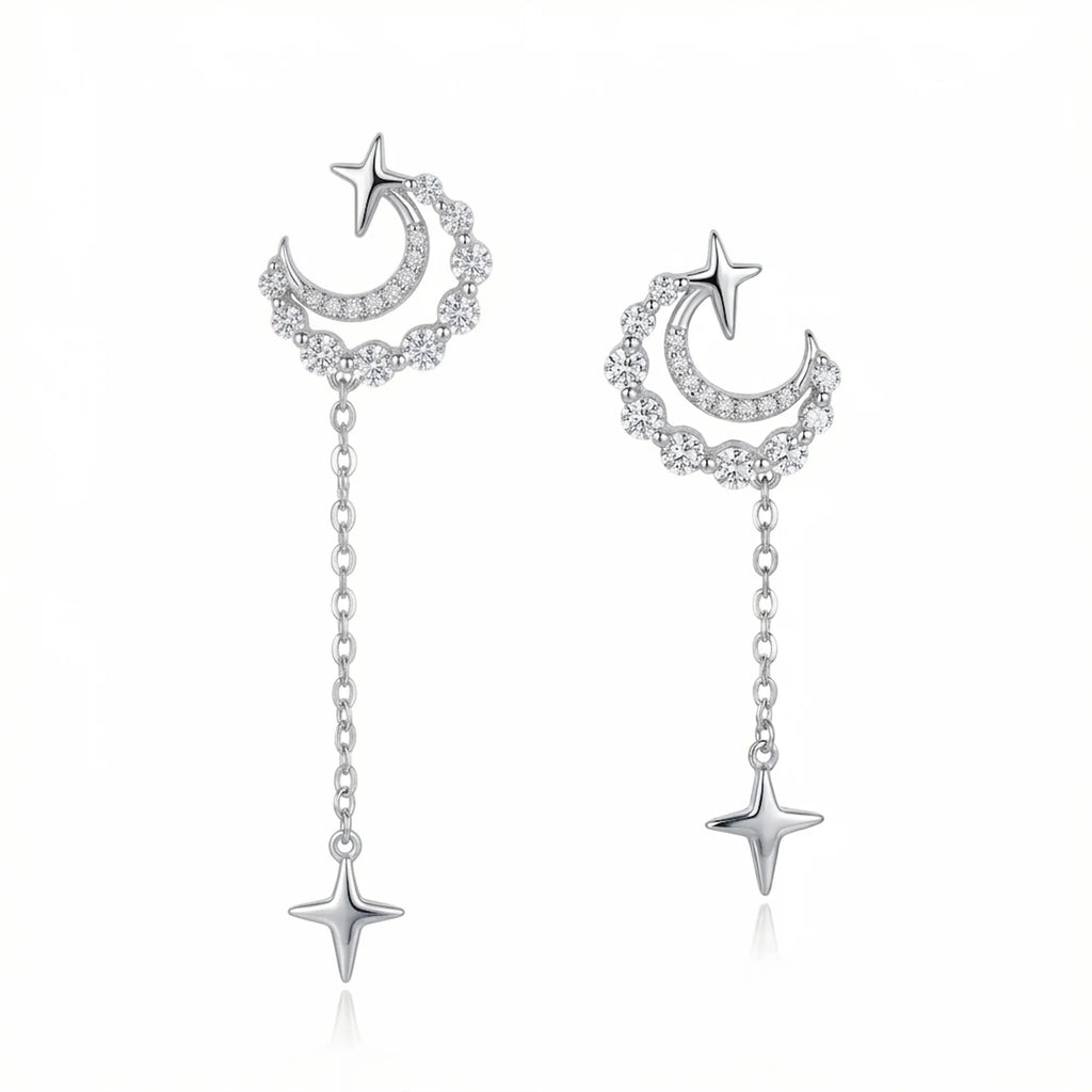 Rhodium plated 925 silver crescent moon and star chain drop earrings with cubic zirconia, offered in Dubai.