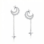 Rhodium plated 925 silver crescent moon and star chain drop earrings with cubic zirconia, offered in Dubai.