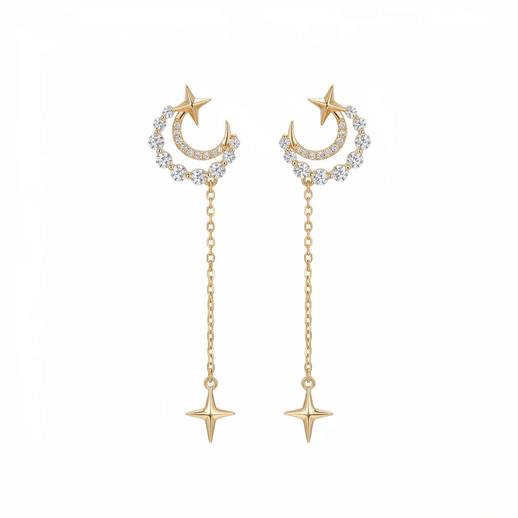 18K gold plated 925 silver crescent moon star chain drop earrings featuring graduated cubic zirconia, sold in Dubai.