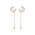 18K gold plated 925 silver crescent moon star chain drop earrings featuring graduated cubic zirconia, sold in Dubai.