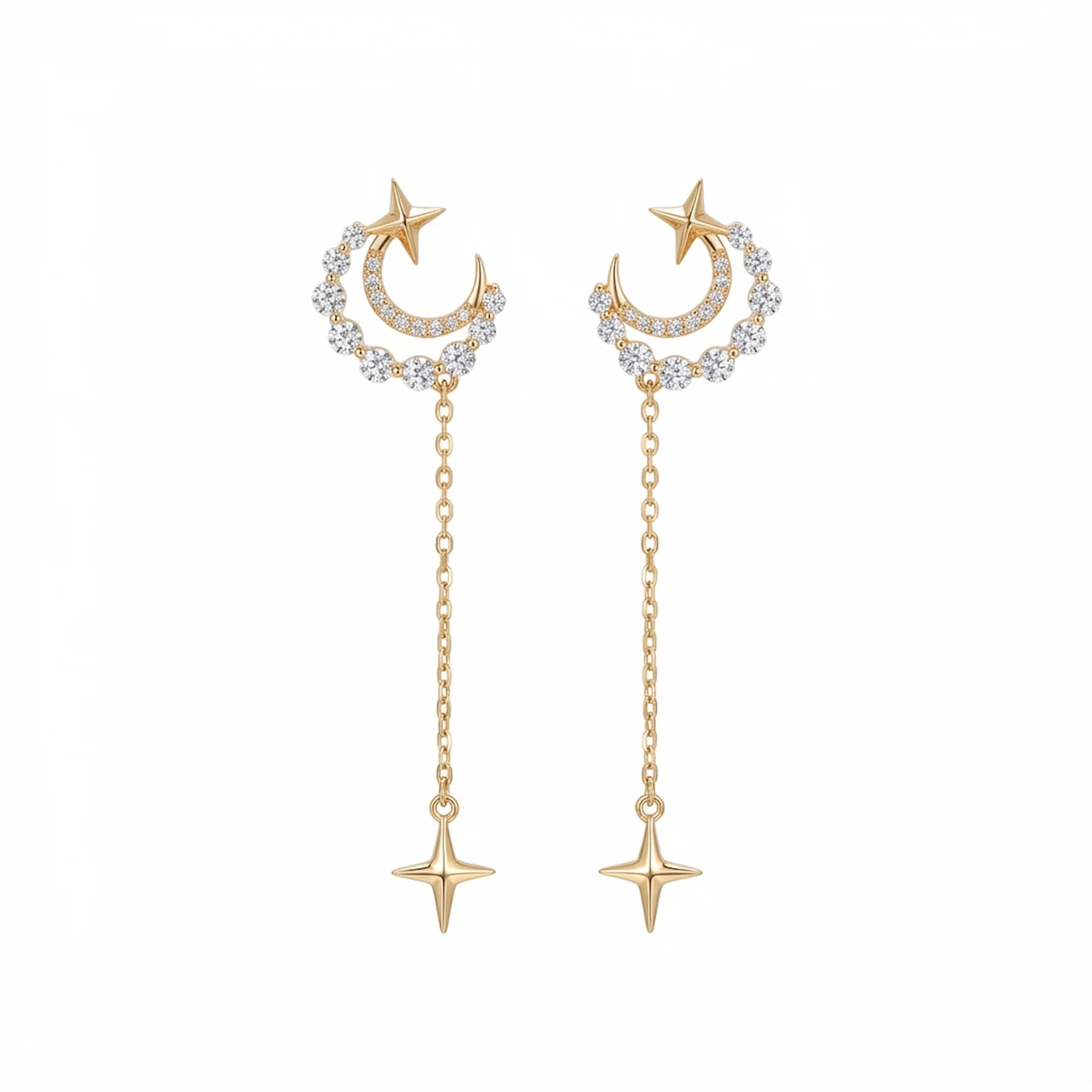 18K gold plated 925 silver crescent moon star chain drop earrings featuring graduated cubic zirconia, sold in Dubai.