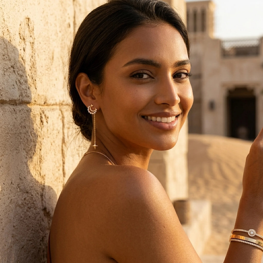 Woman wearing 18K gold plated silver crescent moon star drop earrings at Al Seef waterfront promenade in Dubai.