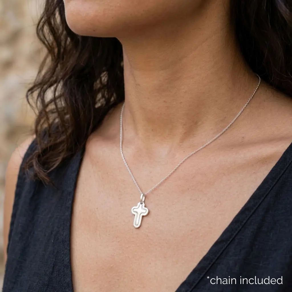 925 sterling silver cross necklace for women with rounded cross pendant.