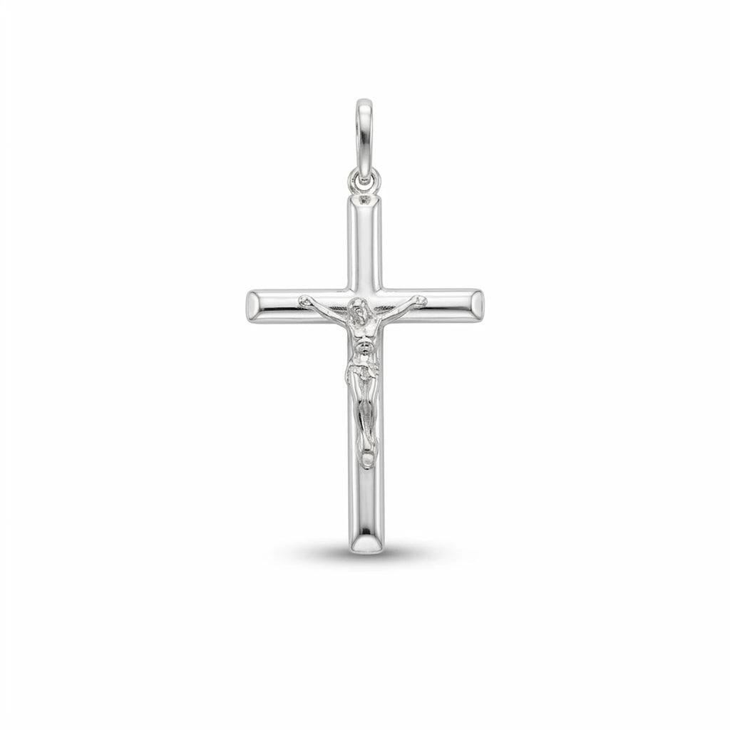 Solid 925 sterling silver crucifix pendant for women with rounded tubular cross and raised Corpus on white background.