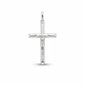 Solid 925 sterling silver crucifix pendant for women with rounded tubular cross and raised Corpus on white background.