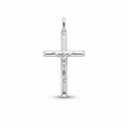 Solid 925 sterling silver crucifix pendant for women with rounded tubular cross and raised Corpus on white background.