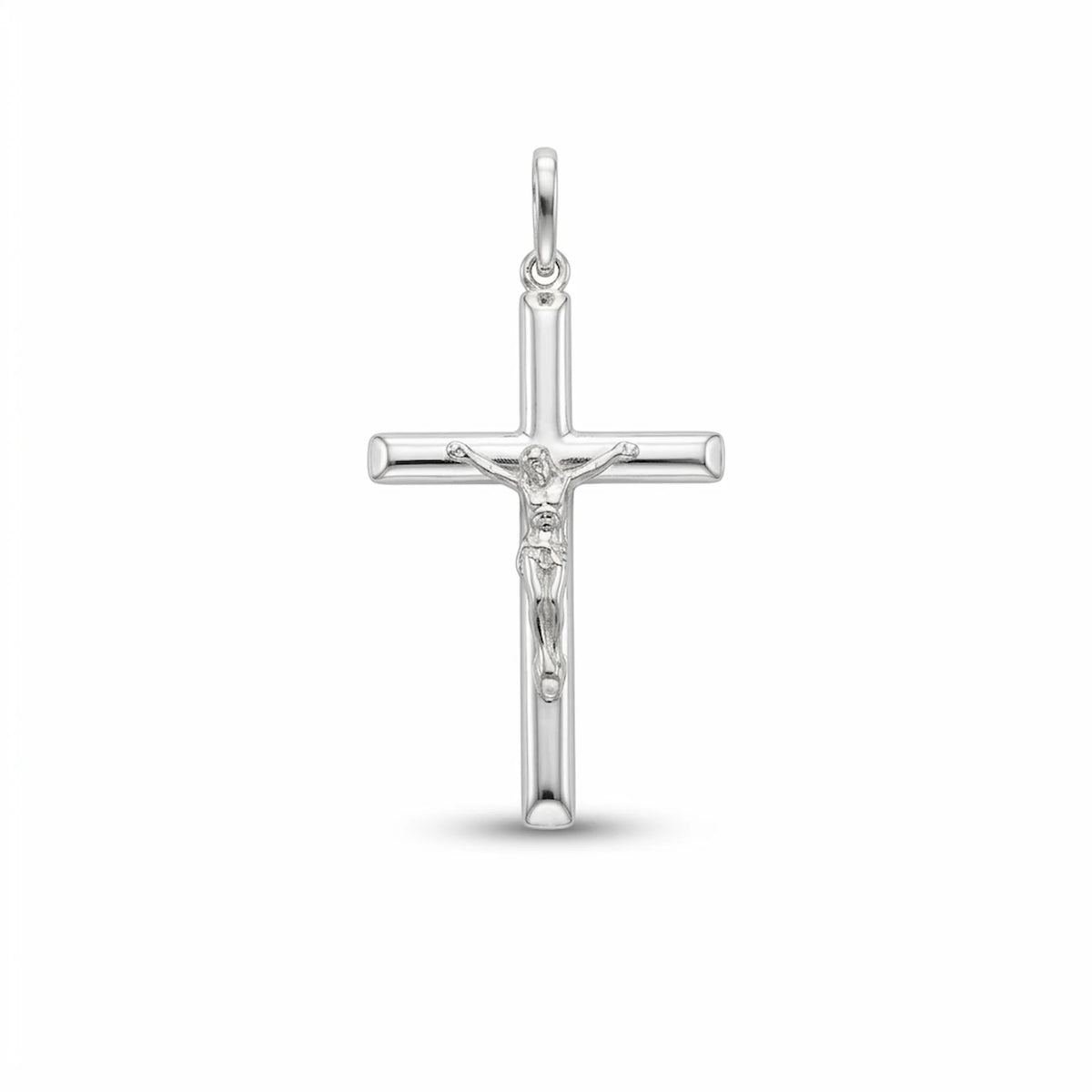Solid 925 sterling silver crucifix pendant for women with rounded tubular cross and raised Corpus on white background.