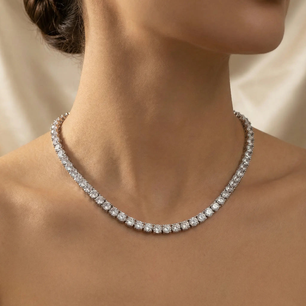 Lifestyle view of a white CZ tennis choker, showing the elegant fit and brilliant sparkle for bridal or evening wear