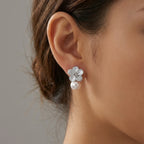 Close crop of a woman's ear modeling cz pearl drops uae to demonstrate the hanging length.