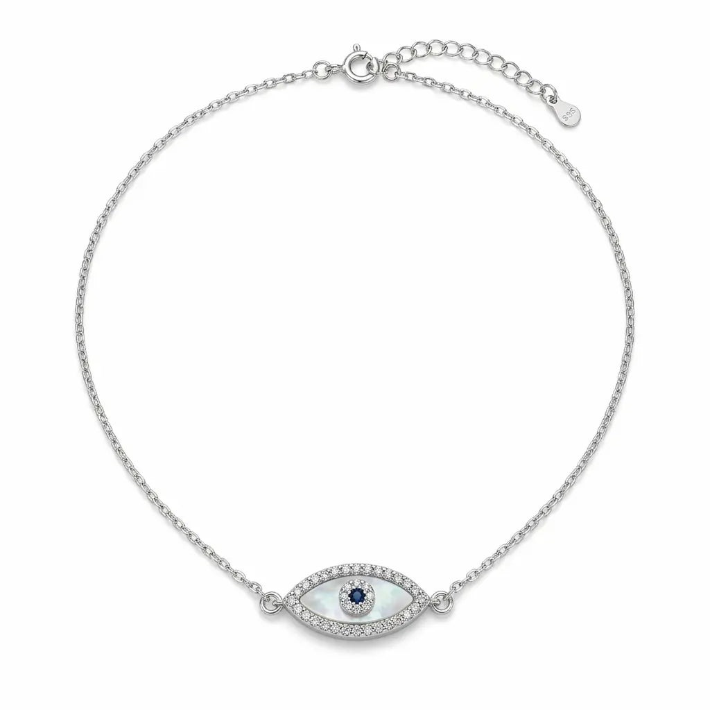 Dainty silver evil eye station necklace featuring horizontal marquise mother of pearl and cubic zircon pave.