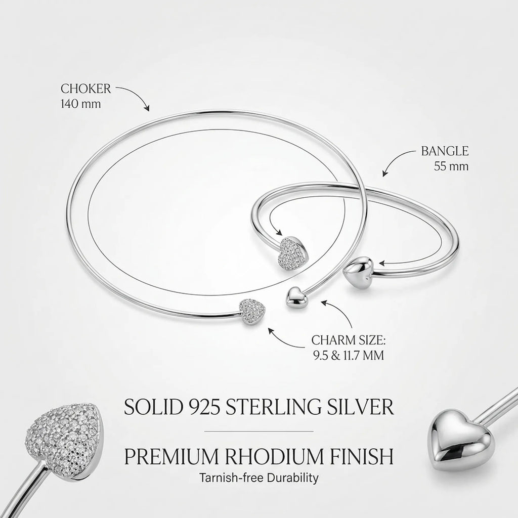 Technical infographic detailing the 140mm 925 silver solid collar necklace, 55mm bangle, charm sizes, and premium rhodium finish durability.
