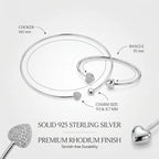 Technical infographic detailing the 140mm 925 silver solid collar necklace, 55mm bangle, charm sizes, and premium rhodium finish durability.