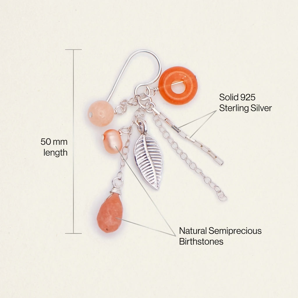 Technical specifications for our 925 sterling silver leaf chain drop earrings showing the 50mm length and matte peach birthstones.