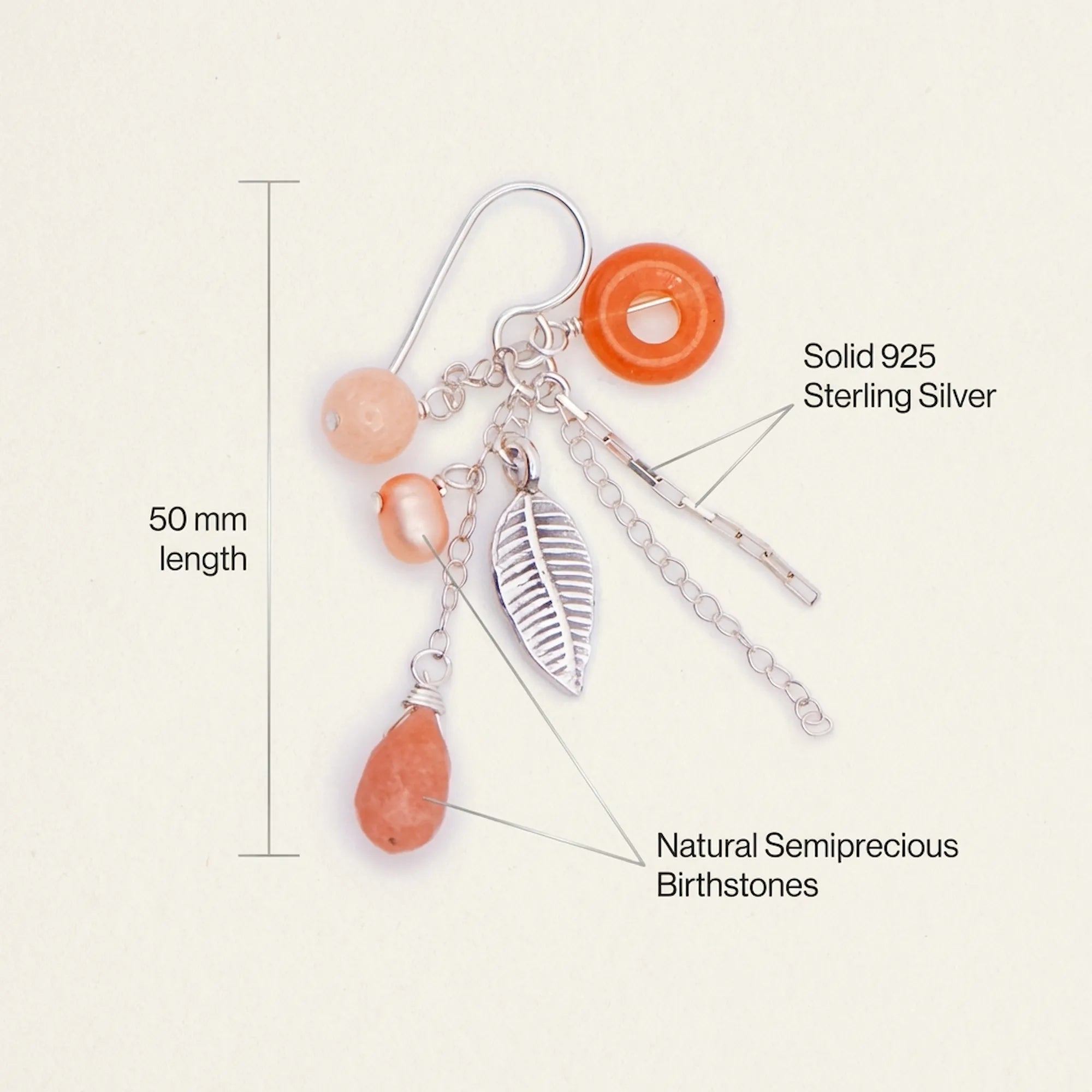 Technical specifications for our 925 sterling silver leaf chain drop earrings showing the 50mm length and matte peach birthstones.